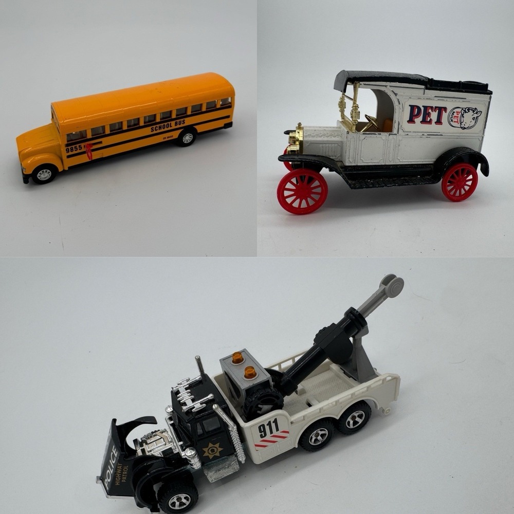 Lot 3 Diecast Toy Vehicles Majorette Kenworth Ertl Pet Milk Ford Model T Bus
